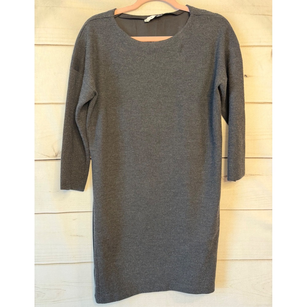 Vince Charcoal Grey Wool Mixed Media Shift Dress Black Satin Back V314376303 S